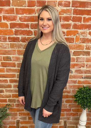 Grey Waffle Knit Open Front Cardigan