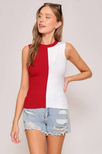 Red & White Contrast Ribbed Sweater Tank