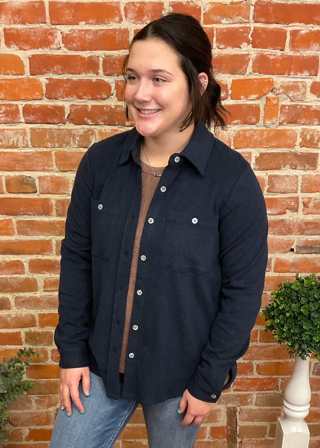 Navy Double Pocket Button Down Top