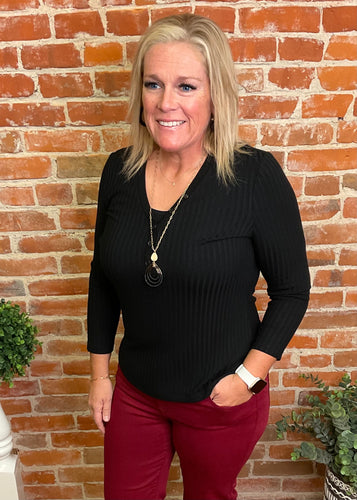 Liverpool Black 3/4 Sleeve Rib Knit Top