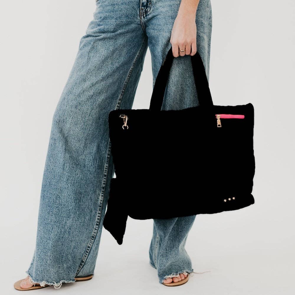 Presley Puffer Quilted Tote Bag With Pouch: Black