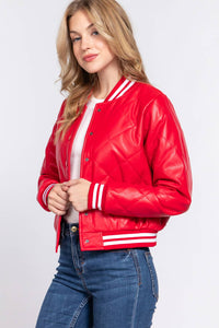 Quilted Faux Leather Bomber Jacket (Multiple Colors)