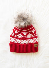 Red & Cream Patterned Pom Hat
