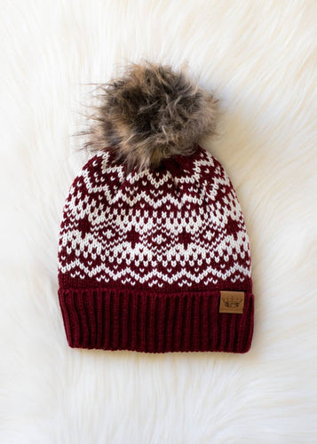 Burgundy & White Patterned Pom Hat