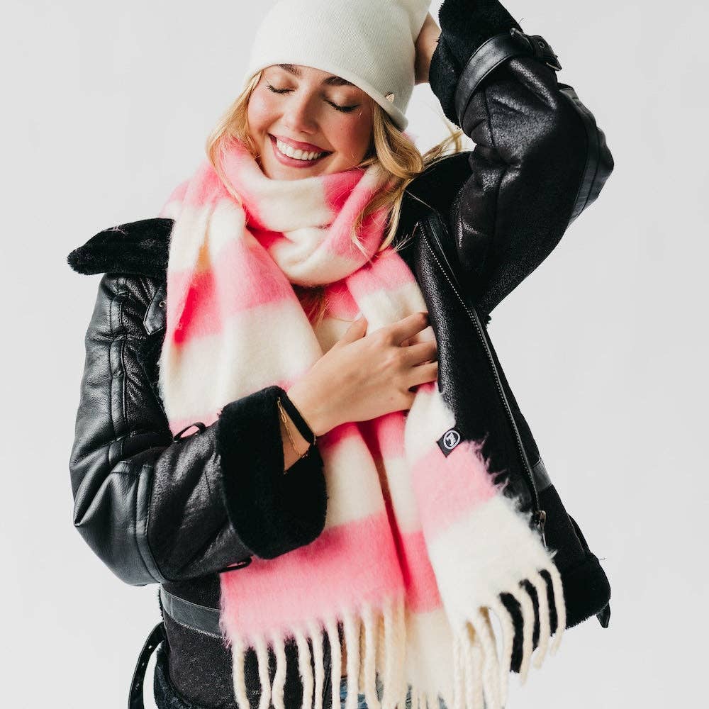 Stevie Striped Tassel Scarf: Pink/Cream