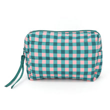 Gingham Check Pattern Quilted Puffer Pouch: Pink/Green