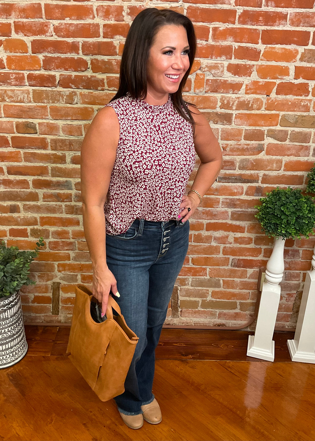 Floral Print Ruffle Mock Neck Top