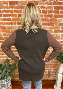 Brown Color Block Open Front Cardigan