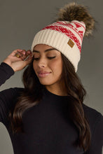 Cream & Red Patterned Pom Hat