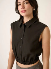 Black Elastic Hem Button Down Top