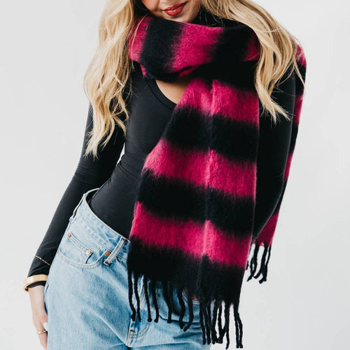 Stevie Striped Tassel Scarf: Black/Hot Pink