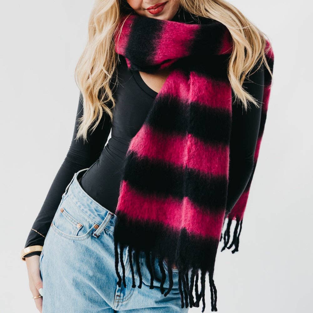 Stevie Striped Tassel Scarf: Black/Hot Pink