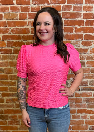 Neon Pink Textured Short Sleeve Top