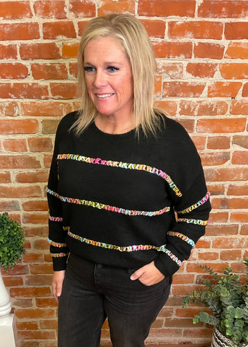 Black Crew Neck Sweater with Multi Color Detail