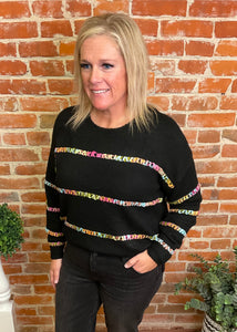 Black Crew Neck Sweater with Multi Color Detail