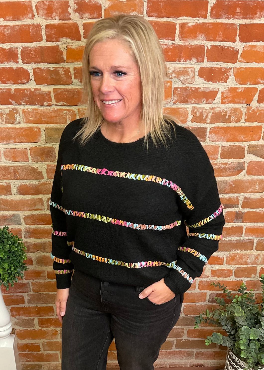 Black Crew Neck Sweater with Multi Color Detail