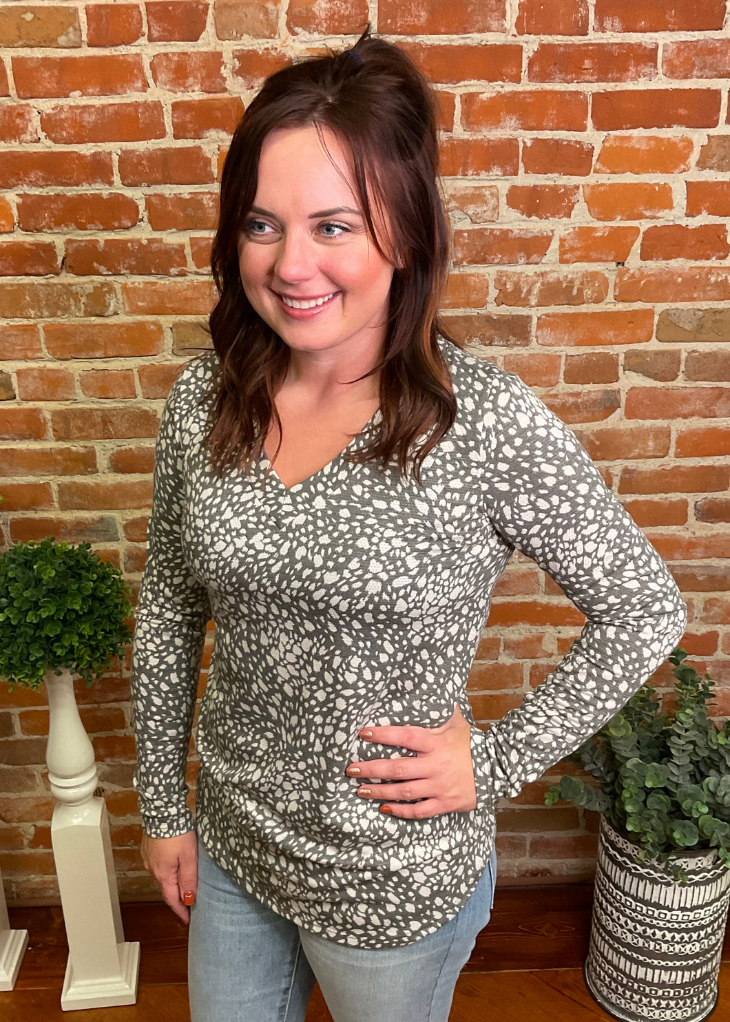 Long Sleeve Animal Print V-Neck