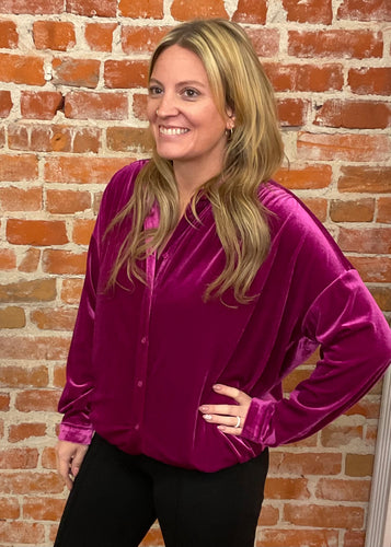 Magenta Velvet Button Down Top