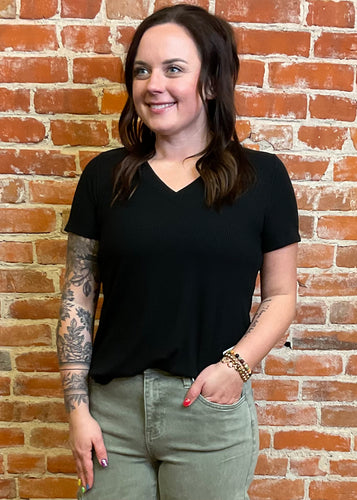 Rib V-Neck Short Sleeve Top (Multiple Colors)