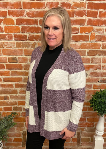 Purple Color Block Open Front Cardigan