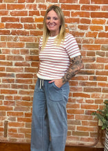 Ivory & Red Striped Crochet Pullover