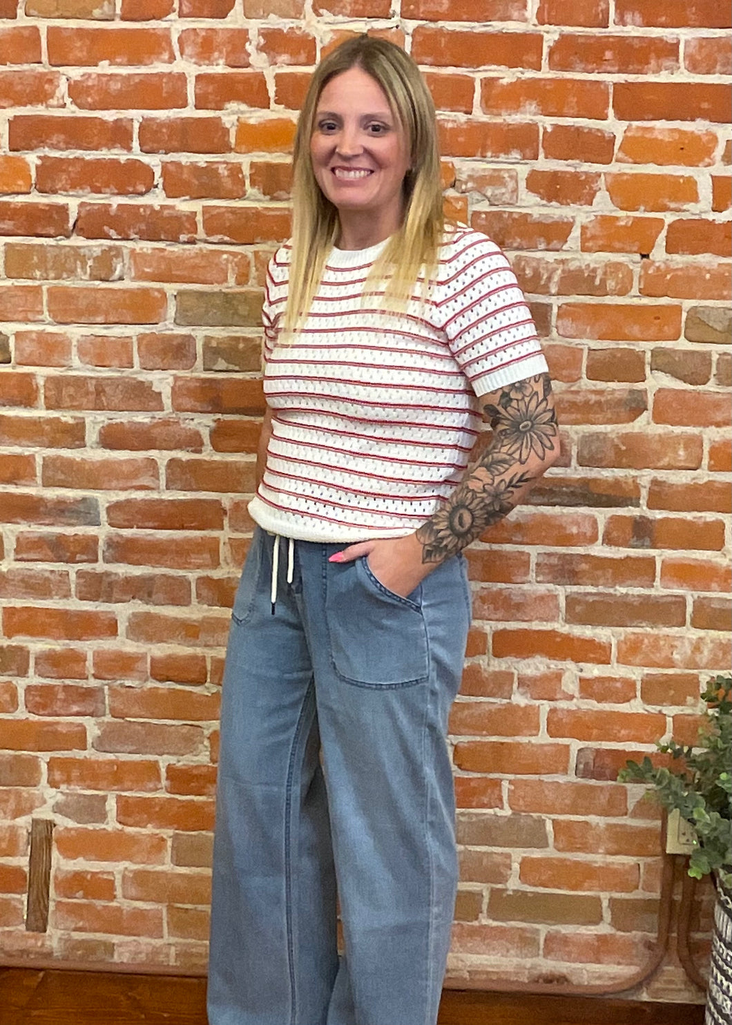 Ivory & Red Striped Crochet Pullover