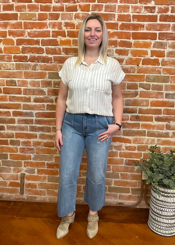 Cream & Taupe Striped Button Down Top