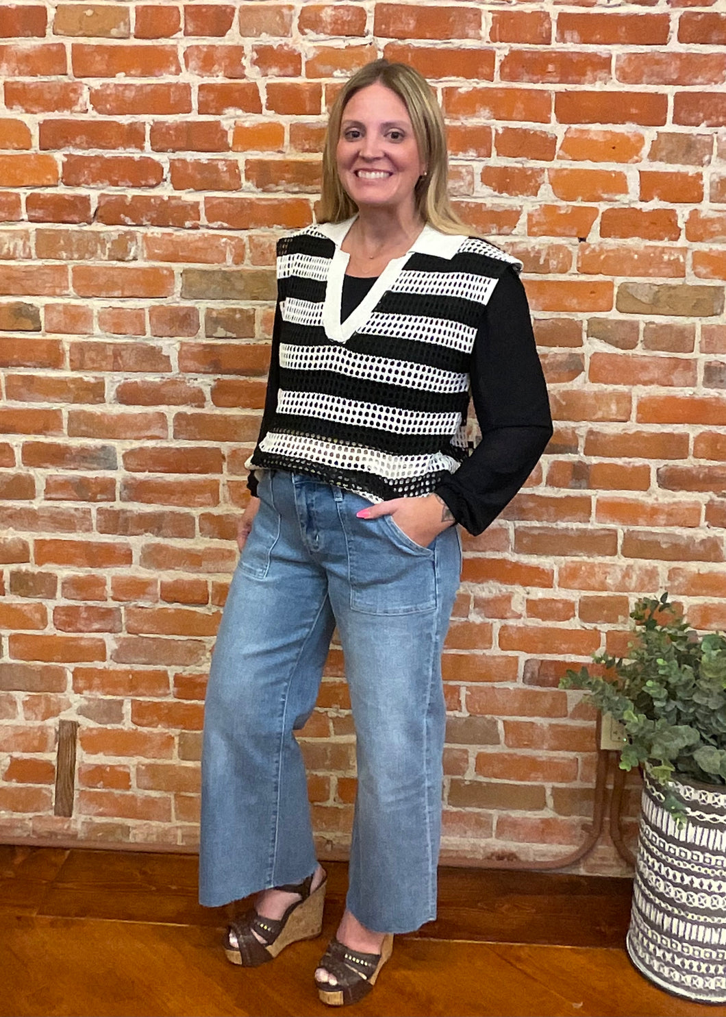 Off White & Black Crochet Collared Top (Extended Sizes)