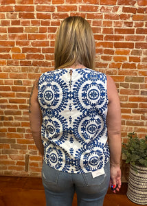 Cream & Blue Floral Sleeveless Blouse