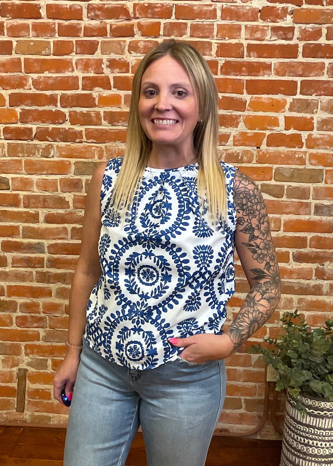 Cream & Blue Floral Sleeveless Blouse