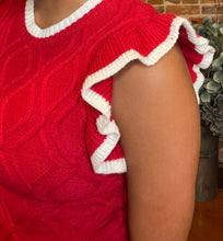 Red Ruffle Sleeve Cable Sweater