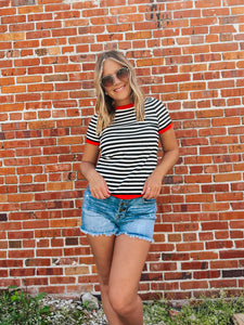 Black, Ivory, & Red Short Sleeve Sweater
