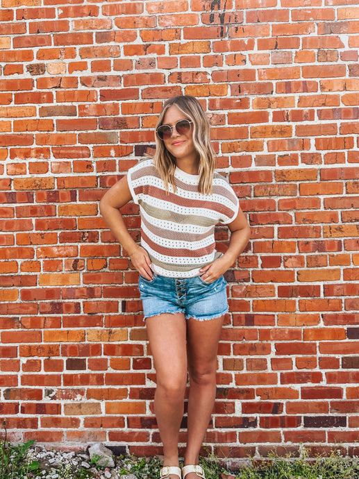 Taupe & Olive Striped Crochet Top