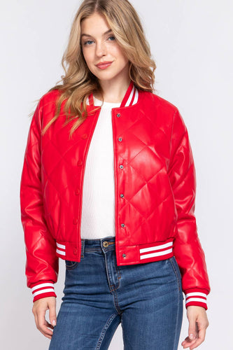 Quilted Faux Leather Bomber Jacket (Multiple Colors)