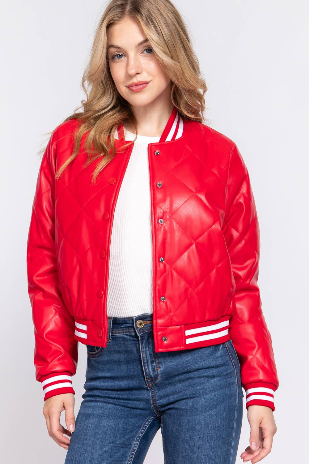 Quilted Faux Leather Bomber Jacket (Multiple Colors)
