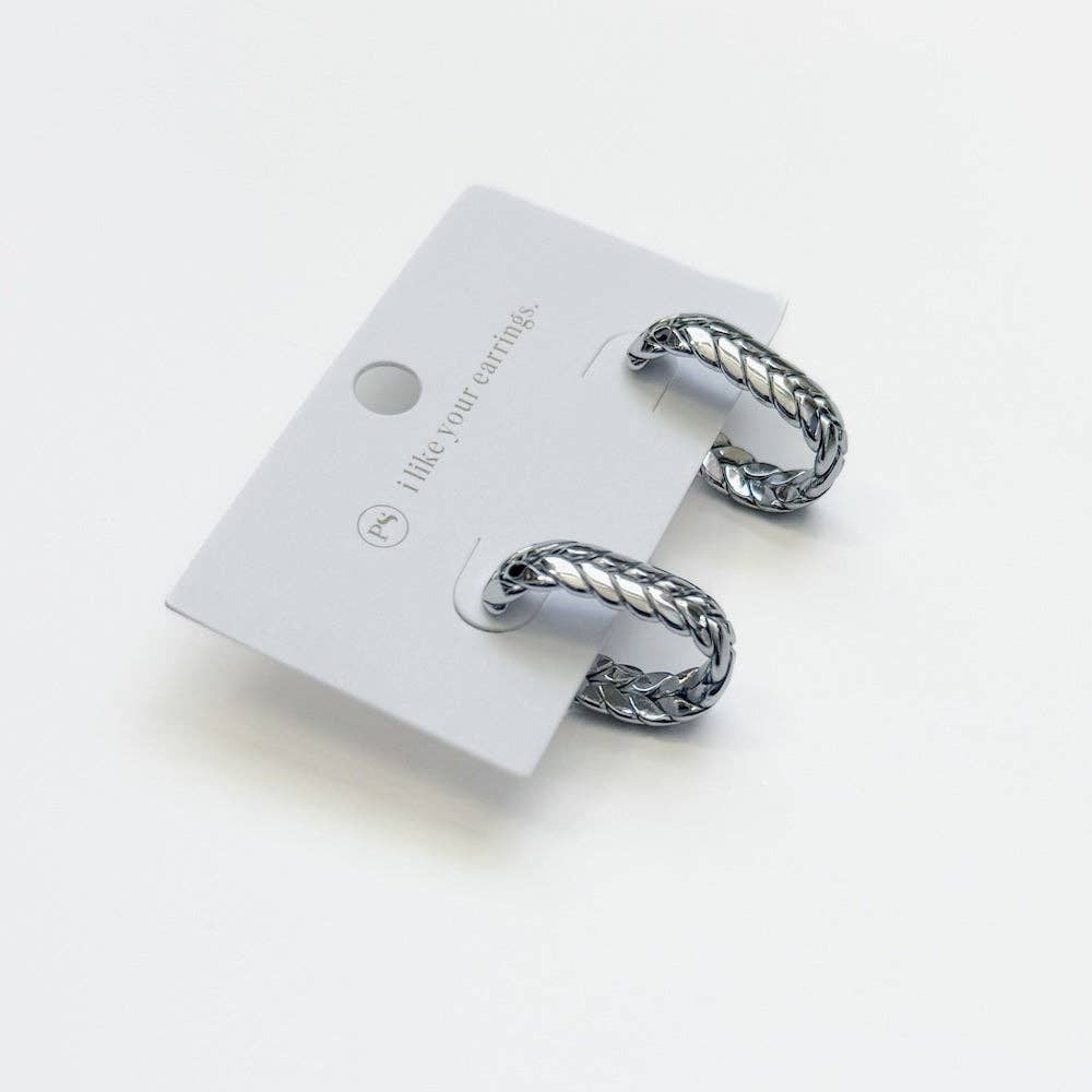 Braided Oval Hoop Earrings - WATERPROOF: Silver