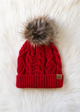 Red Cable Knit Pom Hat