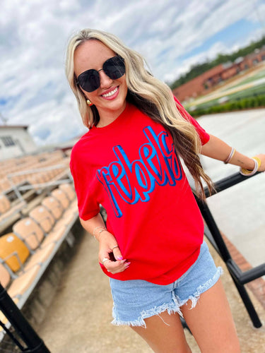 Hand Drawn 3D Puff Graphic Tee: Red / L