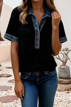 LDC Denim Contrast Trim Patchwork Polo Collar Top| S-4X: Black / S