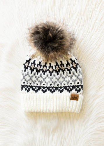 Ivory, Gray & Tan Winter Pattern Pom Hat