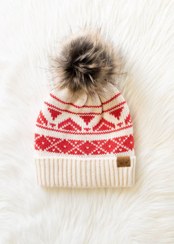 Cream & Red Patterned Pom Hat