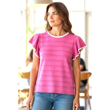 Pink Texture Striped Flutter Sleeve Top