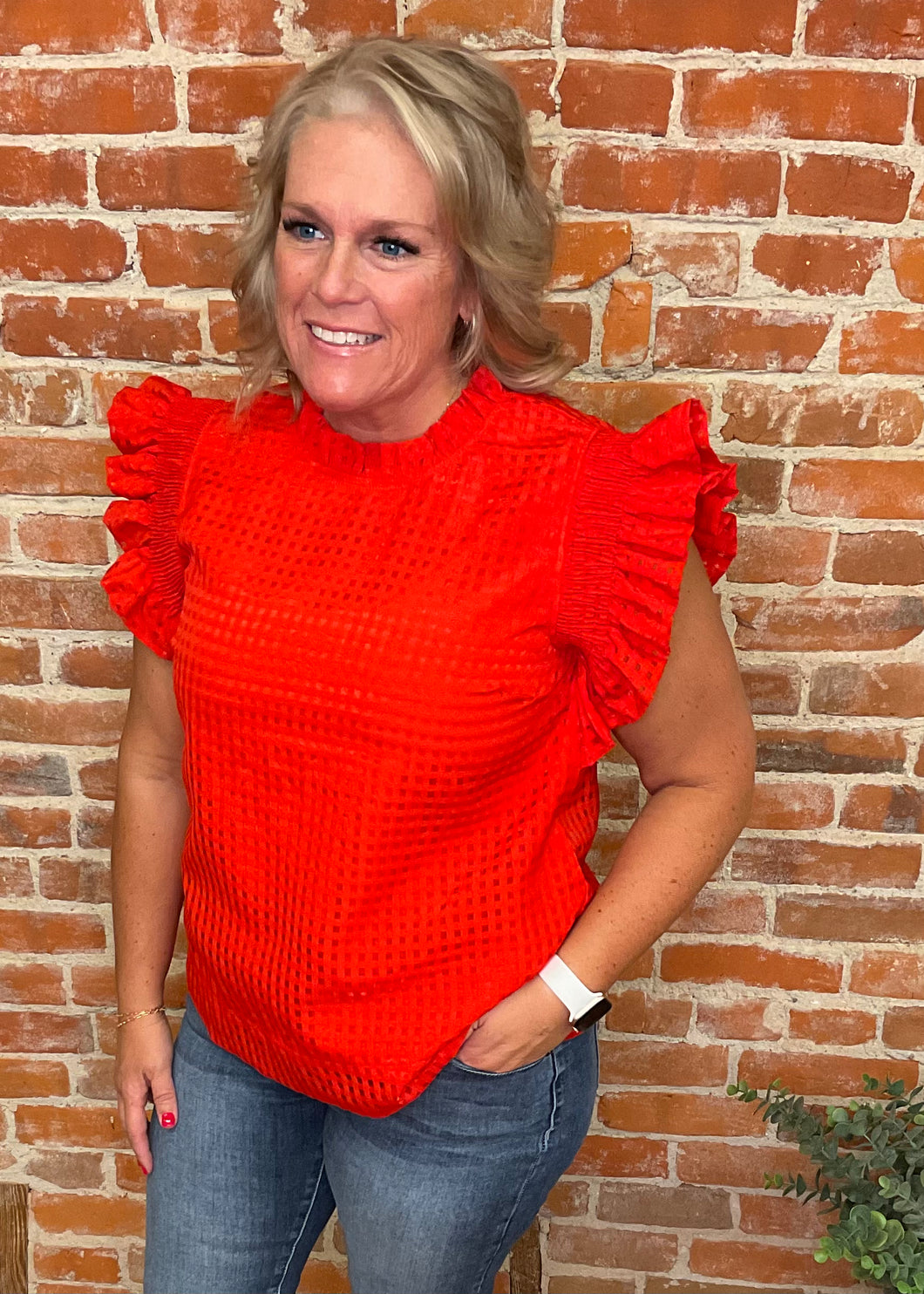 Ruffle Sleeve Grid Pattern Top