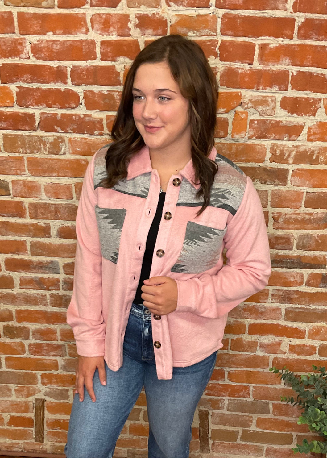 Pink Shacket with Aztec Print