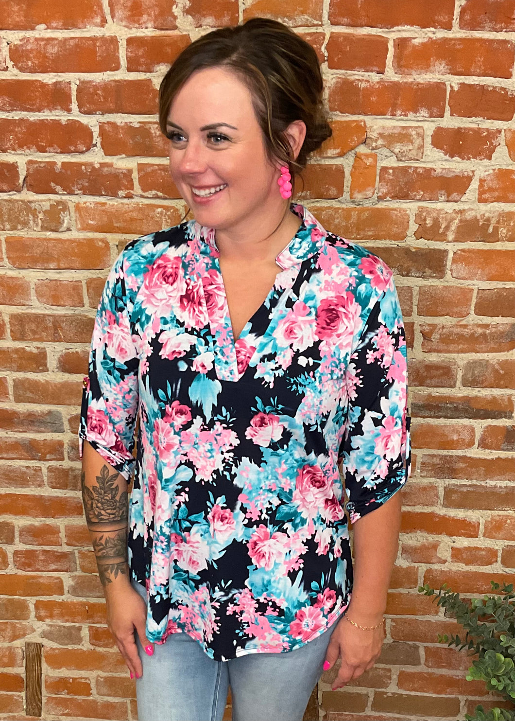 Mandarin Collar Floral Top