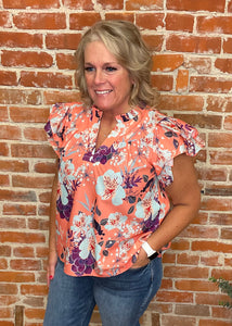 Coral Floral Pattern Top