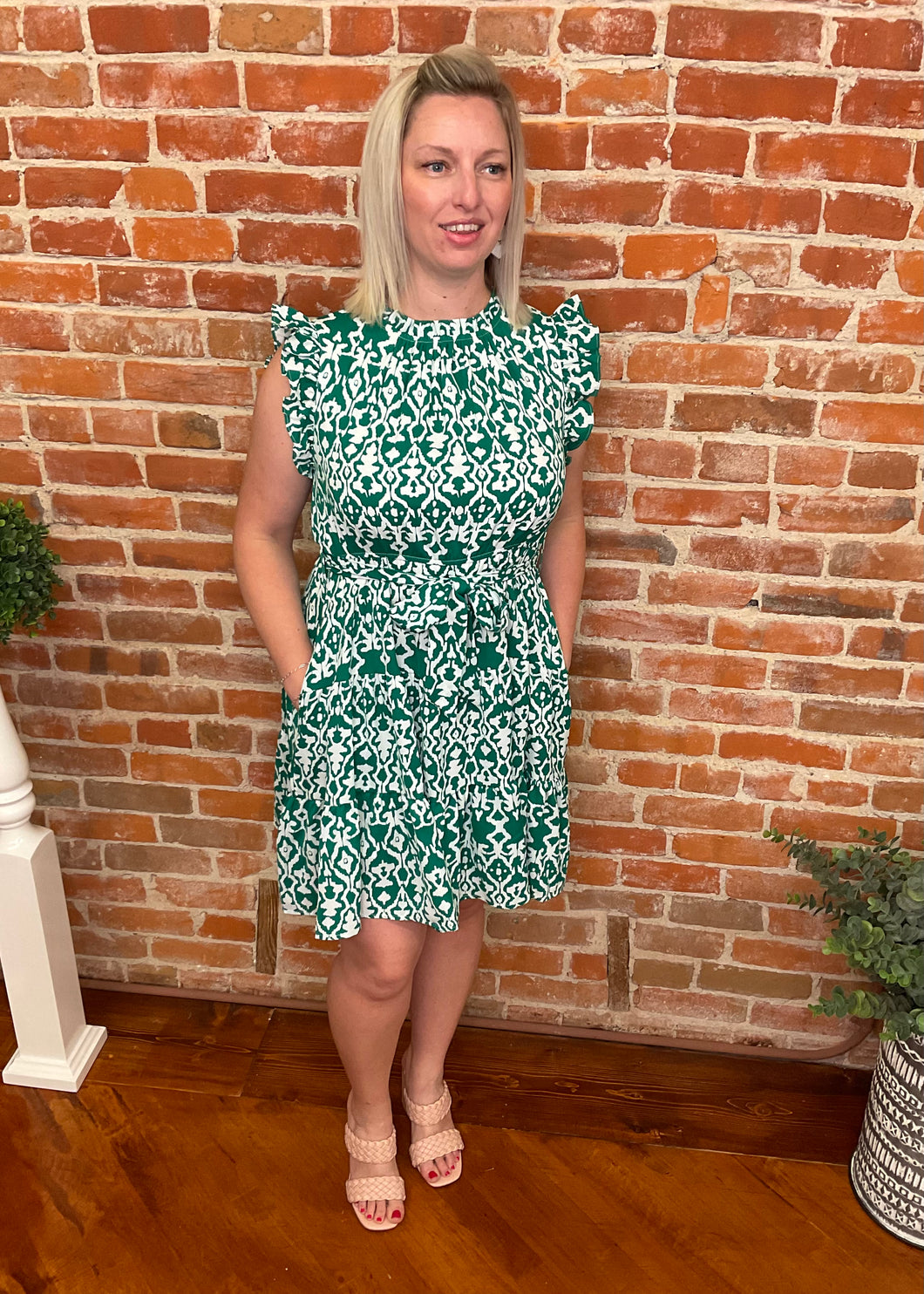 Green & White Patterned Dress