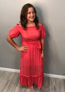 Hot Coral Maxi Dress Off Shoulder