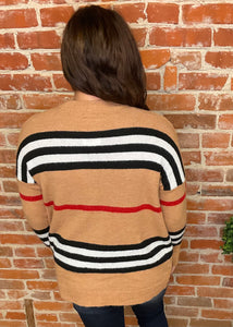 Camel Cardigan with Black, White and Red Strips