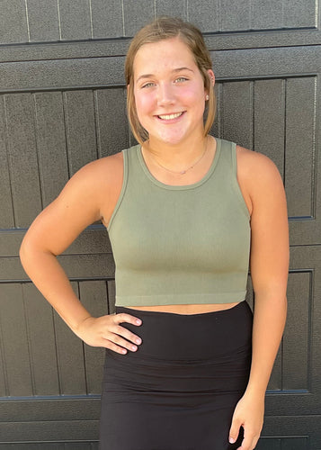Olive High-neck Ribbed Crop Tank